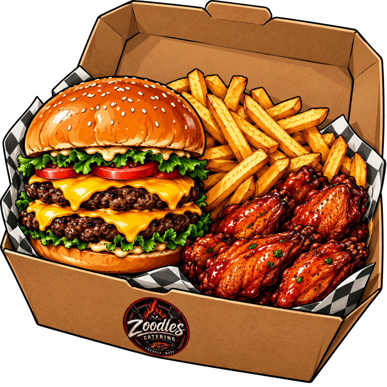 Zoodles burger, fries, and barbecue wings combo